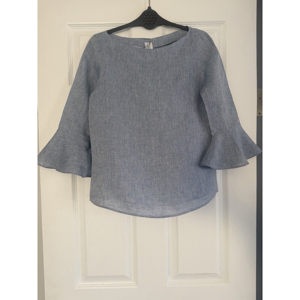 Amina Rubinacci Italy 100% Linen Blue Bell Sleeve Boat Neck Blouse IT 40 S